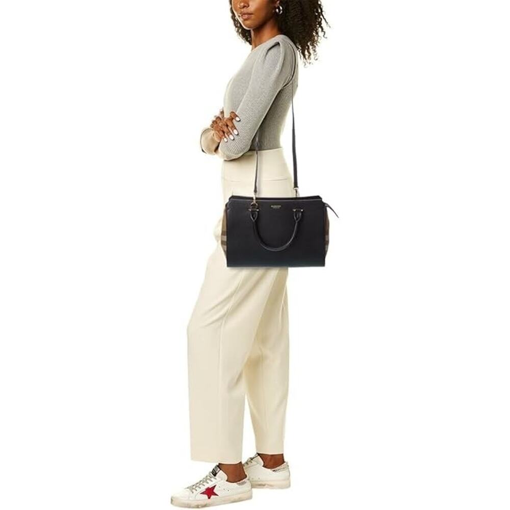 NWT BURBERRY BANWELL BLACK LEATHER CHECK CANVAS HOULDER TOTE BAG $ 1950 - Picture 4 of 13